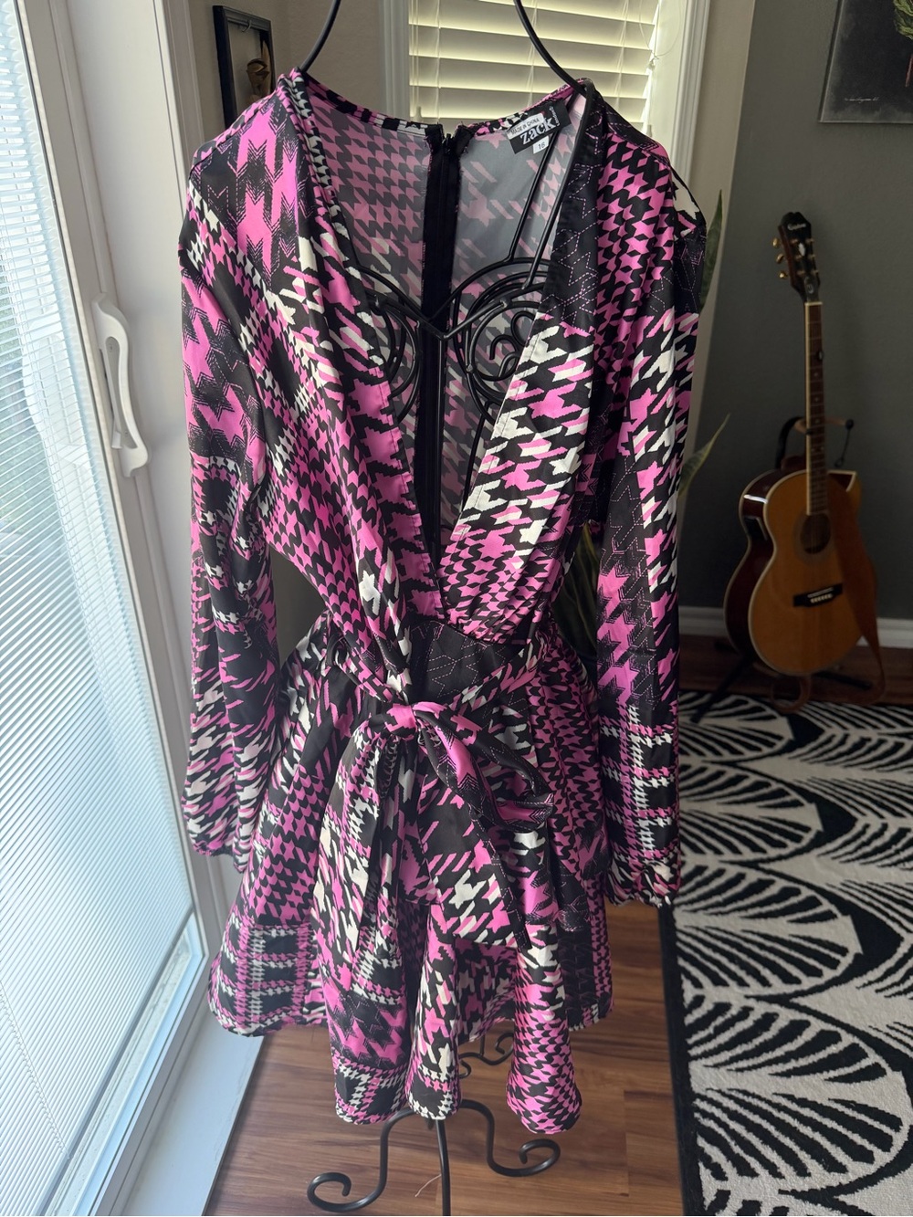 John Zack exclusive Pink & Black Patterned Wrap Mini Dress - Picture 6 of 8